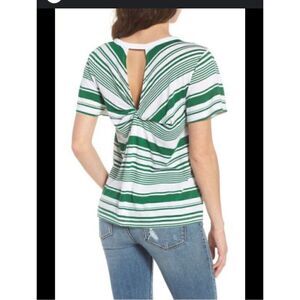 B.P. XS green and white short sleeve twist back tee shirt with open back
